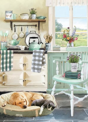A painting of a kitchen features a dog sleeping in a dog bed.