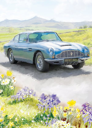 A painting of a blue car driving down a road.
No grammatical errors.