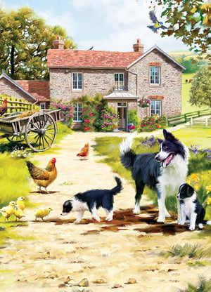 A painting of dogs and chickens is in front of a house.