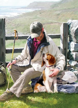 A painting of a man sitting on the grass with a beagle.