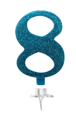 A blue glitter birthday candle in the shape of the number eight is on a white background.