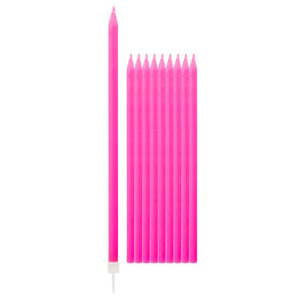 A row of pink birthday candles is on a white background.