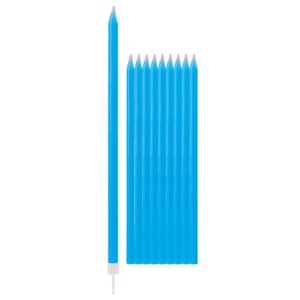 A row of blue birthday candles on a white background.