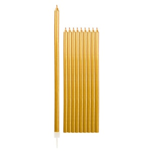 A bunch of golden candles on a white background.