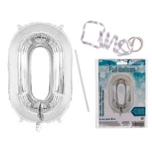 A silver foil balloon in the shape number 0.