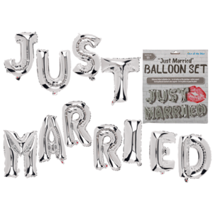 A set of silver balloons that say "just married".
