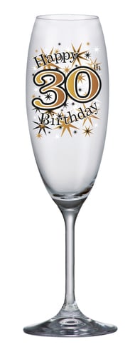 A champagne glass that says "Happy 30th Birthday!".
