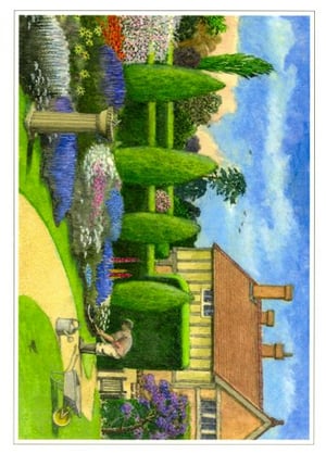 A painting of a man working in a garden in front of a house.