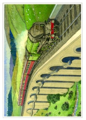 A train is going over a bridge in a painting.