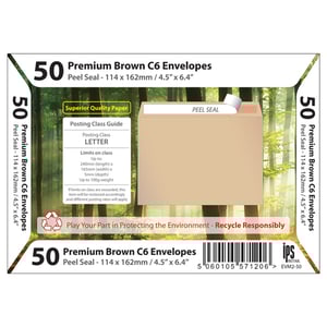 A box of 50 premium brown C6 envelopes.