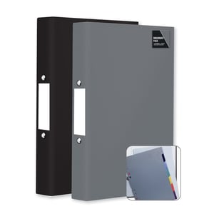 Two binders—one black and one gray—with dividers.