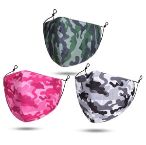 Three face masks with different camouflage designs on them.