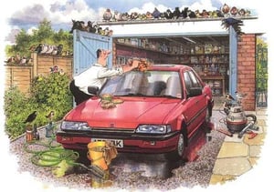 A cartoon of a man cleaning a red car in a garage.