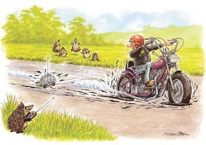 A cartoon of a man riding a motorcycle with a hedgehog holding a hose.