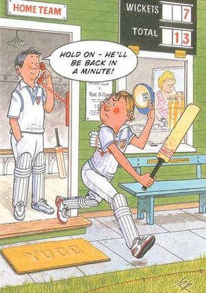 A cartoon of a boy holding a cricket bat in front of a scoreboard.