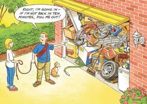 A cartoon of a man and a woman standing next to a very cluttered garage.