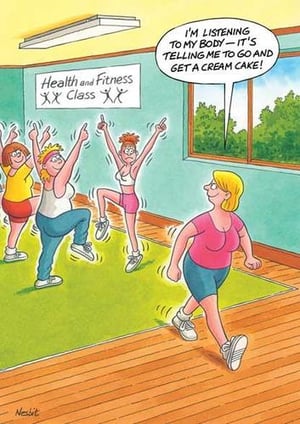 A cartoon shows a group of women dancing in a gym.