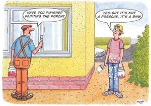 A cartoon of a man painting the porch of a house.