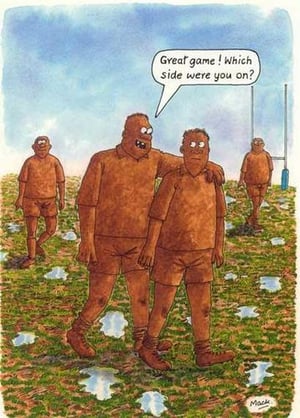 A cartoon of two men standing next to each other on a field.