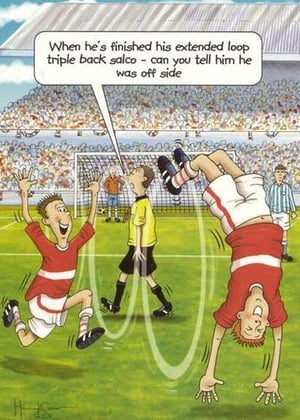 A cartoon of a soccer player doing a handstand on a field.