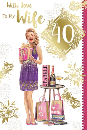 A 40th birthday card with a woman in a purple dress.