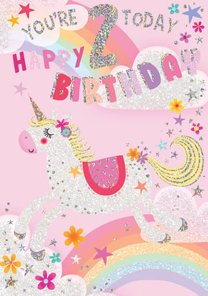 a birthday card with a unicorn and the words " you 're 2 today "