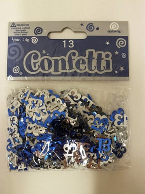 A package of confetti with the number 13 on it.