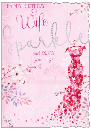 A pink birthday card for a wife that says "Sparkle and enjoy your day."