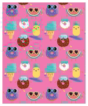 A seamless pattern of donuts, pineapples, and watermelons is on a pink background.