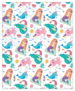 A seamless pattern of mermaids, octopuses, and whales on a white background.