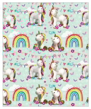 There are no grammatical errors in the sentence: "A pattern of unicorns and rainbows on a blue background."