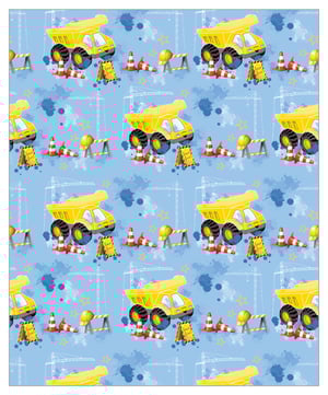 A seamless pattern of construction vehicles on blue background.