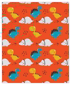 A seamless pattern of colorful dinosaurs on the red background.