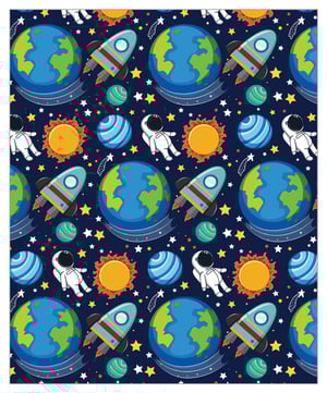 A seamless pattern of planets, rockets, astronauts, and stars.