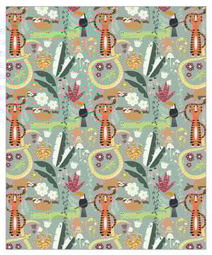 A seamless pattern with tigers and monkeys on a blue background.