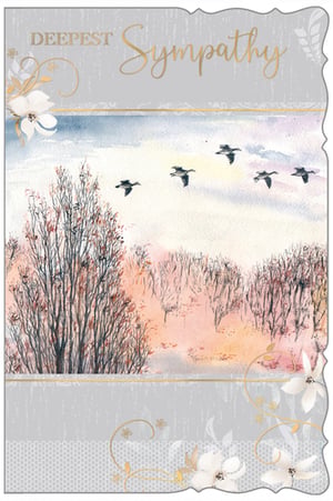 A sympathy card with birds flying over trees.