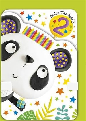 A panda bear is holding a gift and a balloon on a birthday card.