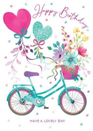 A birthday card with a bicycle that carries flowers and balloons.