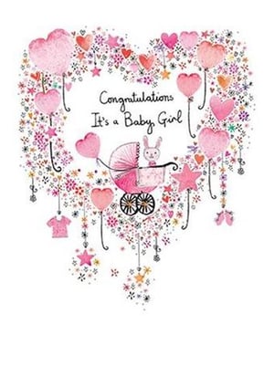 Congratulations! It's a baby girl card with a bunny in a stroller and balloons.