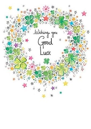 A card that says "wishing you good luck" with a wreath of clovers, stars, and horseshoes.