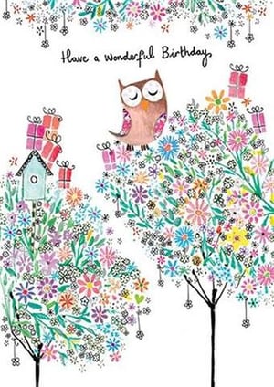 A birthday card with an owl sitting on top of a tree, surrounded by flowers and gifts.