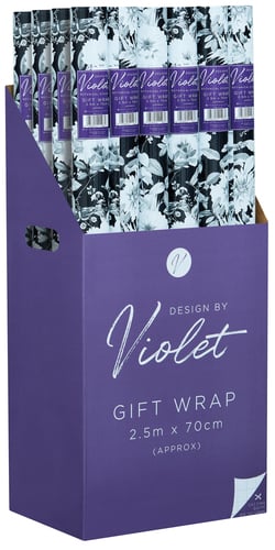 A box of violet gift wrap that measures 2.5m x 70cm.