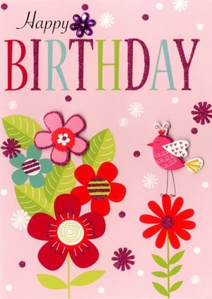 A pink birthday card with flowers and a bird on it is correct.