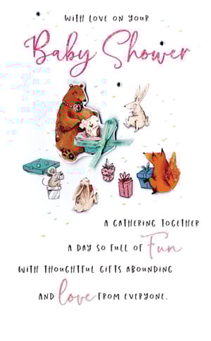 A baby shower card with a bear, rabbit, and fox.
