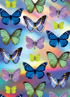 A bunch of colorful butterflies on a rainbow background.