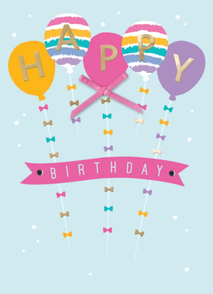 A birthday card with balloons that say "Happy Birthday."
