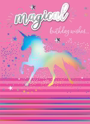 A pink birthday card with a unicorn and the words, "magical birthday wishes."