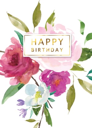 A birthday card with watercolor flowers and the words "Happy Birthday".