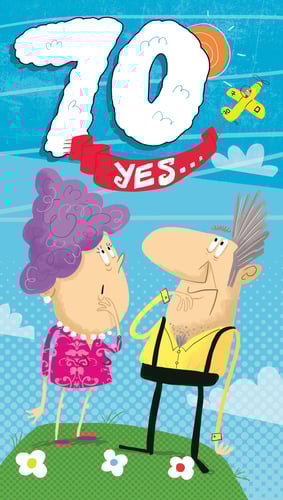 A cartoon of a man and a woman with the number 70 above them.