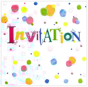 The word "invitation" is on a white background with colorful dots.